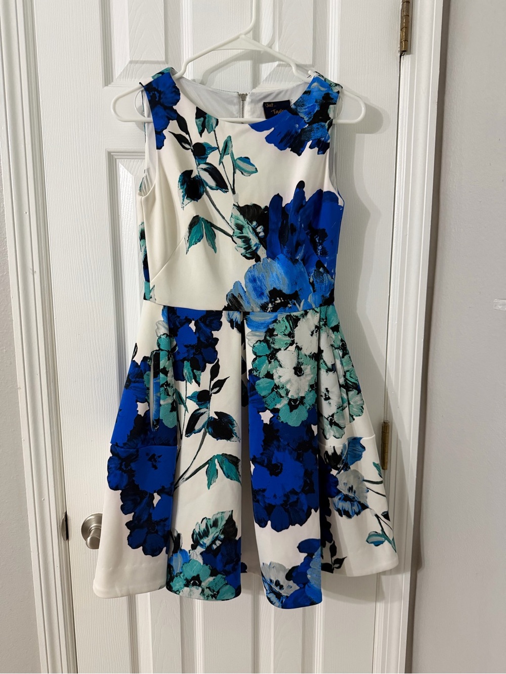 Taylor White Dress with Blue and Teal Floral Print